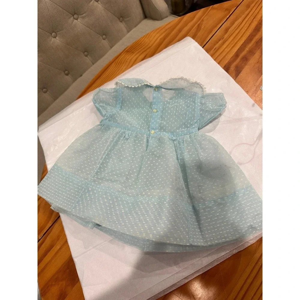 Vintage Baby Dress Blue Dotted with Crinoline 1970's Size 18 months
